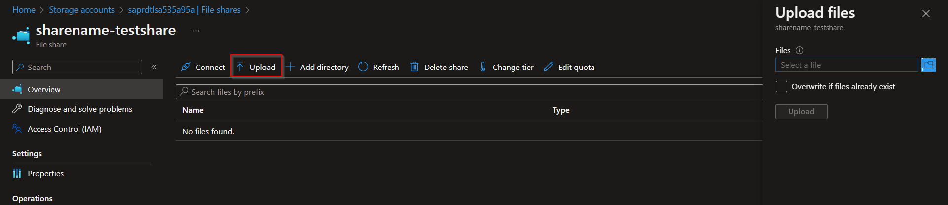 A screenshot of the upload files panel